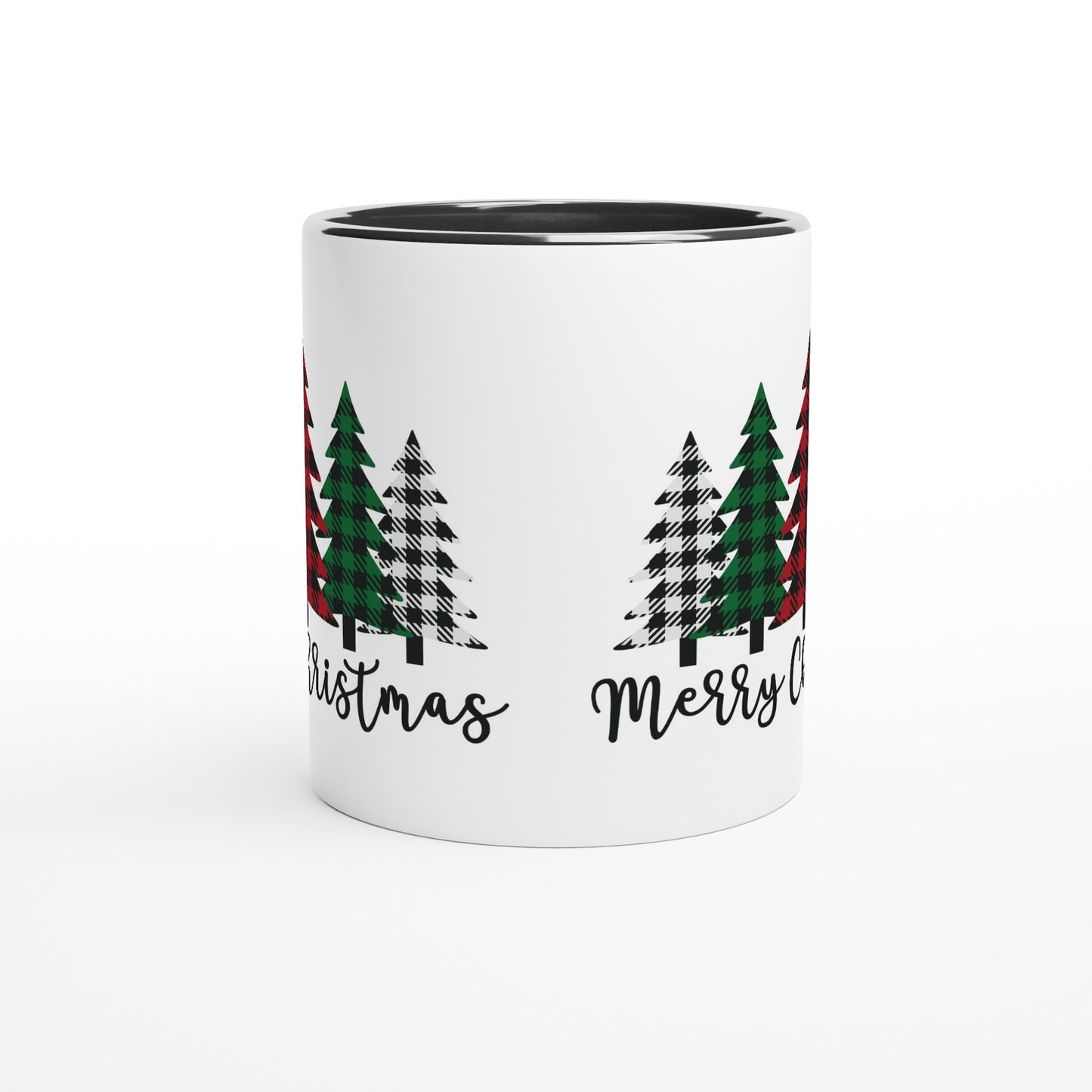 Merry Christmas (plaid trees) White 11oz Ceramic Mug with Color Inside