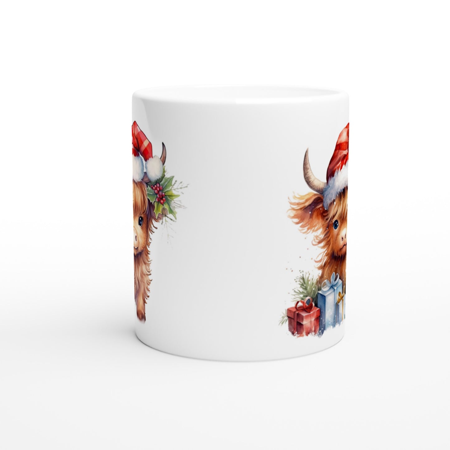 Highland Cow with Christmas Hat - White 11oz Ceramic Mug