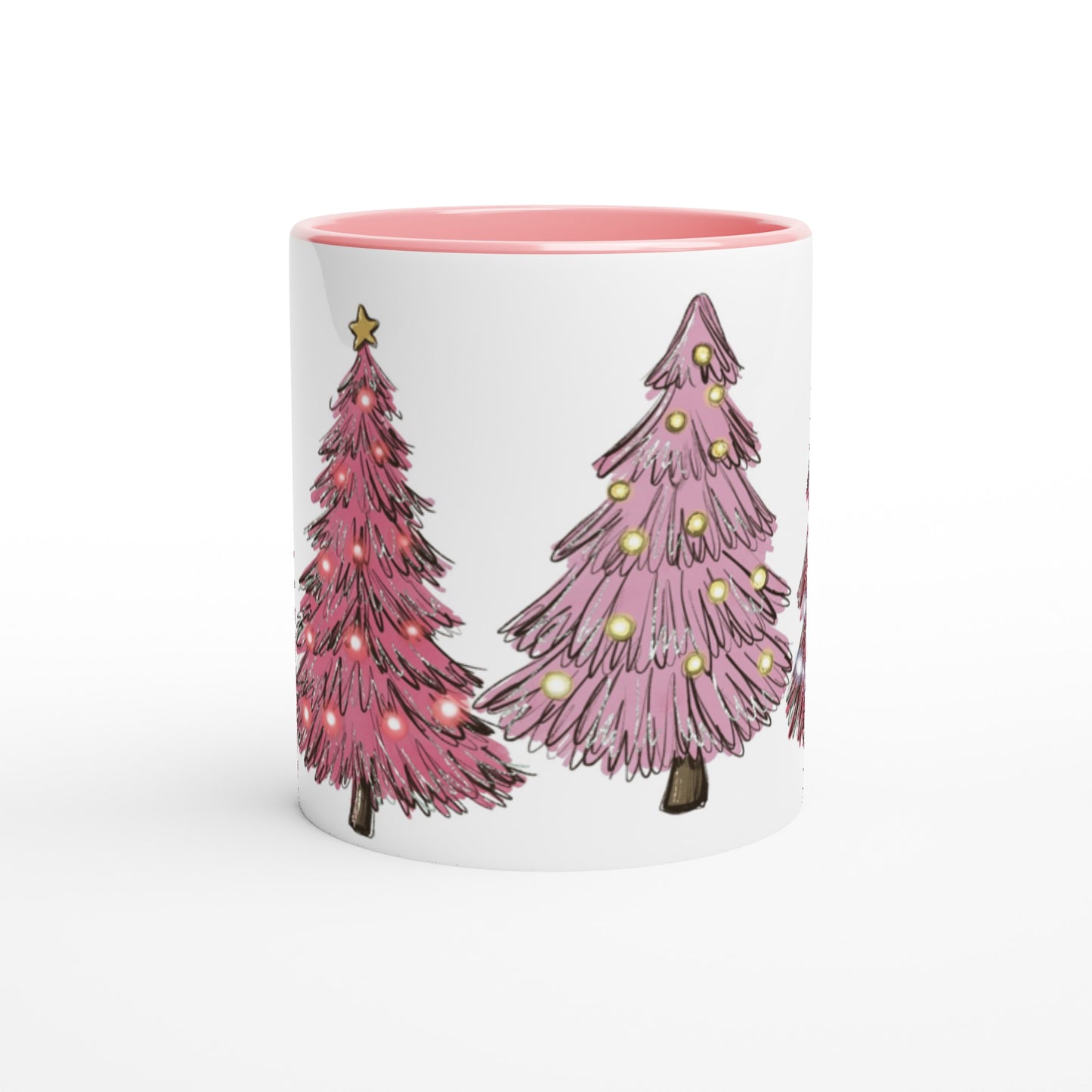 Pink Christmas Trees on White 11oz Ceramic Mug with Color Inside