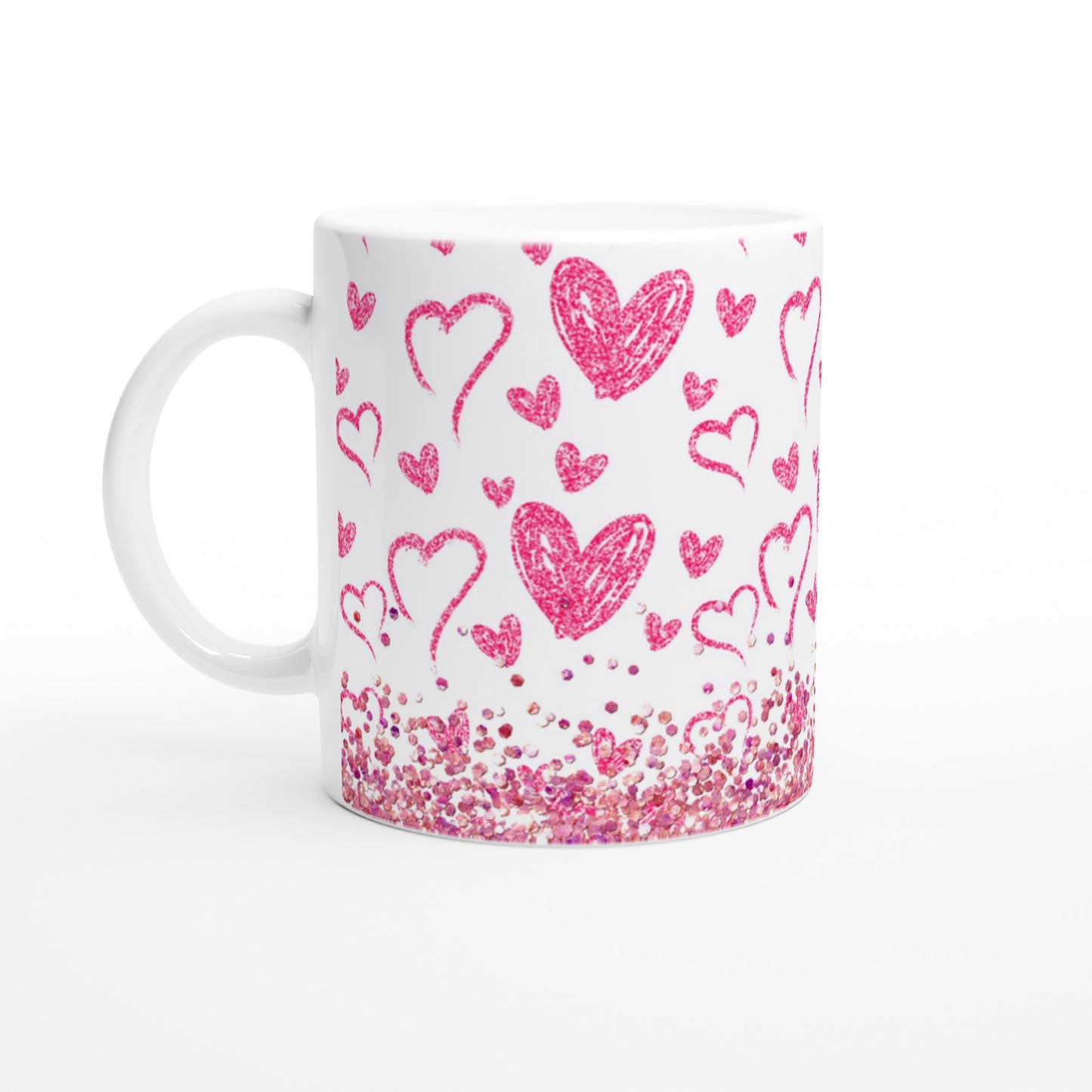 Sparkle with Pink Hearts, White 11oz