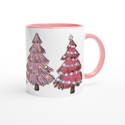 Pink Christmas Trees on White 11oz Ceramic Mug with Color Inside