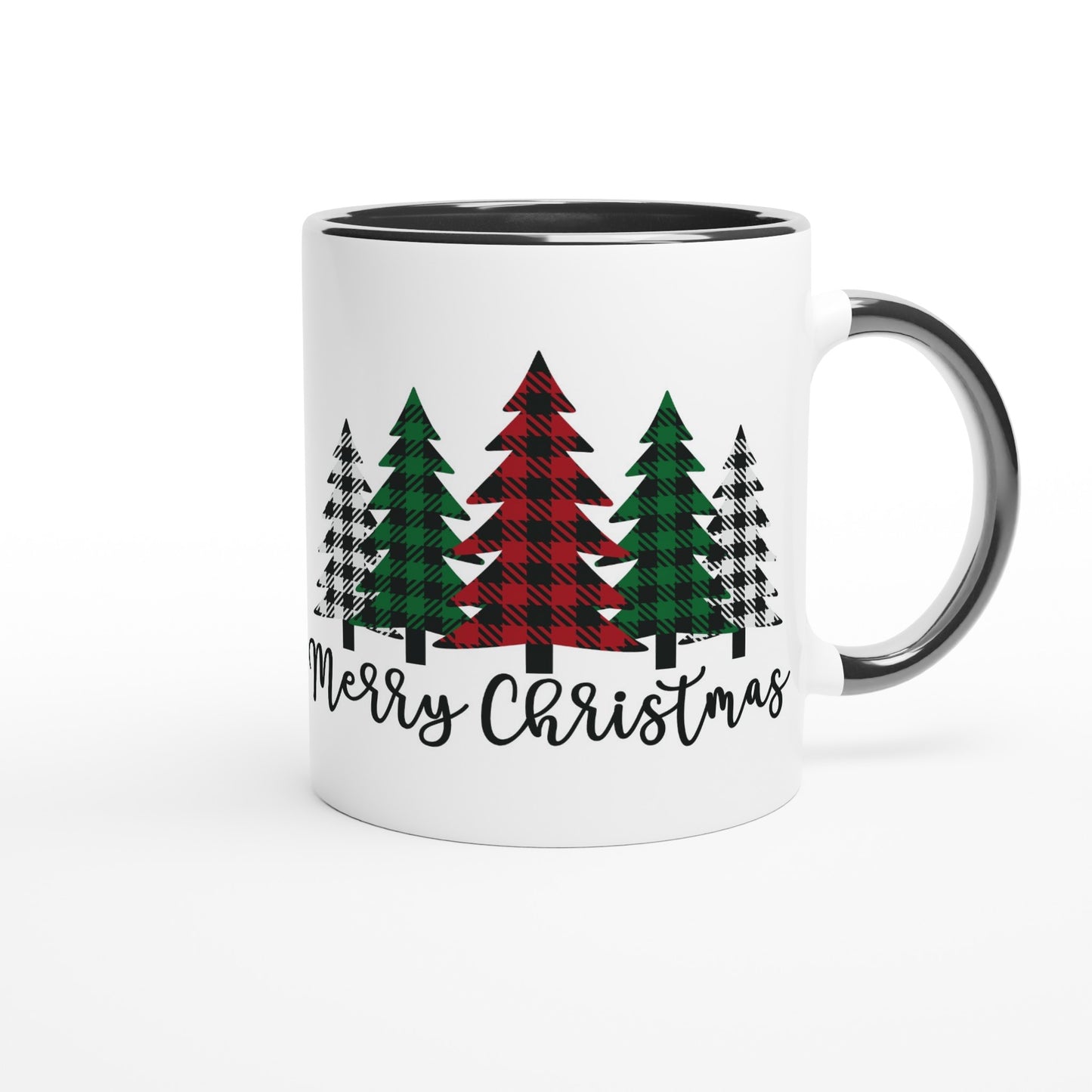 Merry Christmas (plaid trees) White 11oz Ceramic Mug with Color Inside
