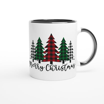 Merry Christmas (plaid trees) White 11oz Ceramic Mug with Color Inside