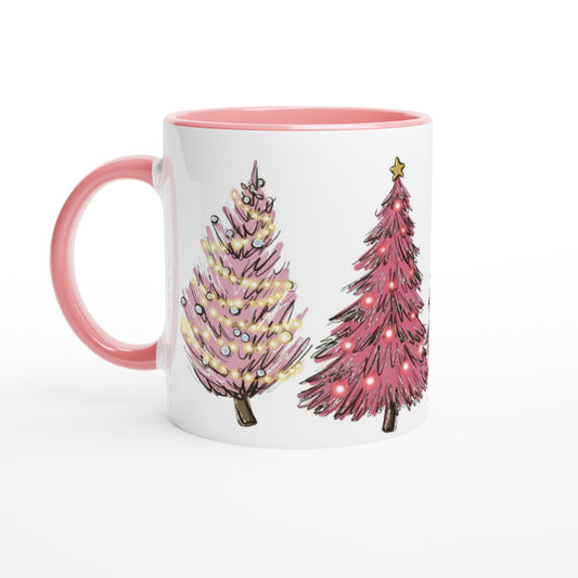 Pink Christmas Trees on White 11oz Ceramic Mug with Color Inside