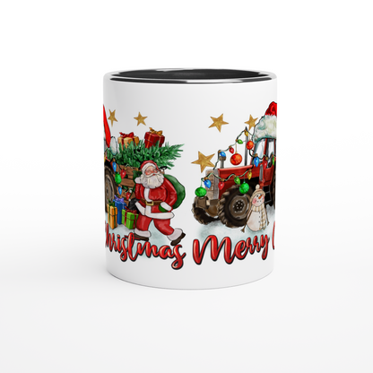 Merry Christmas - Santa with Tractor -White 11oz Ceramic Mug with Color Inside