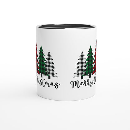 Merry Christmas (plaid trees) White 11oz Ceramic Mug with Color Inside