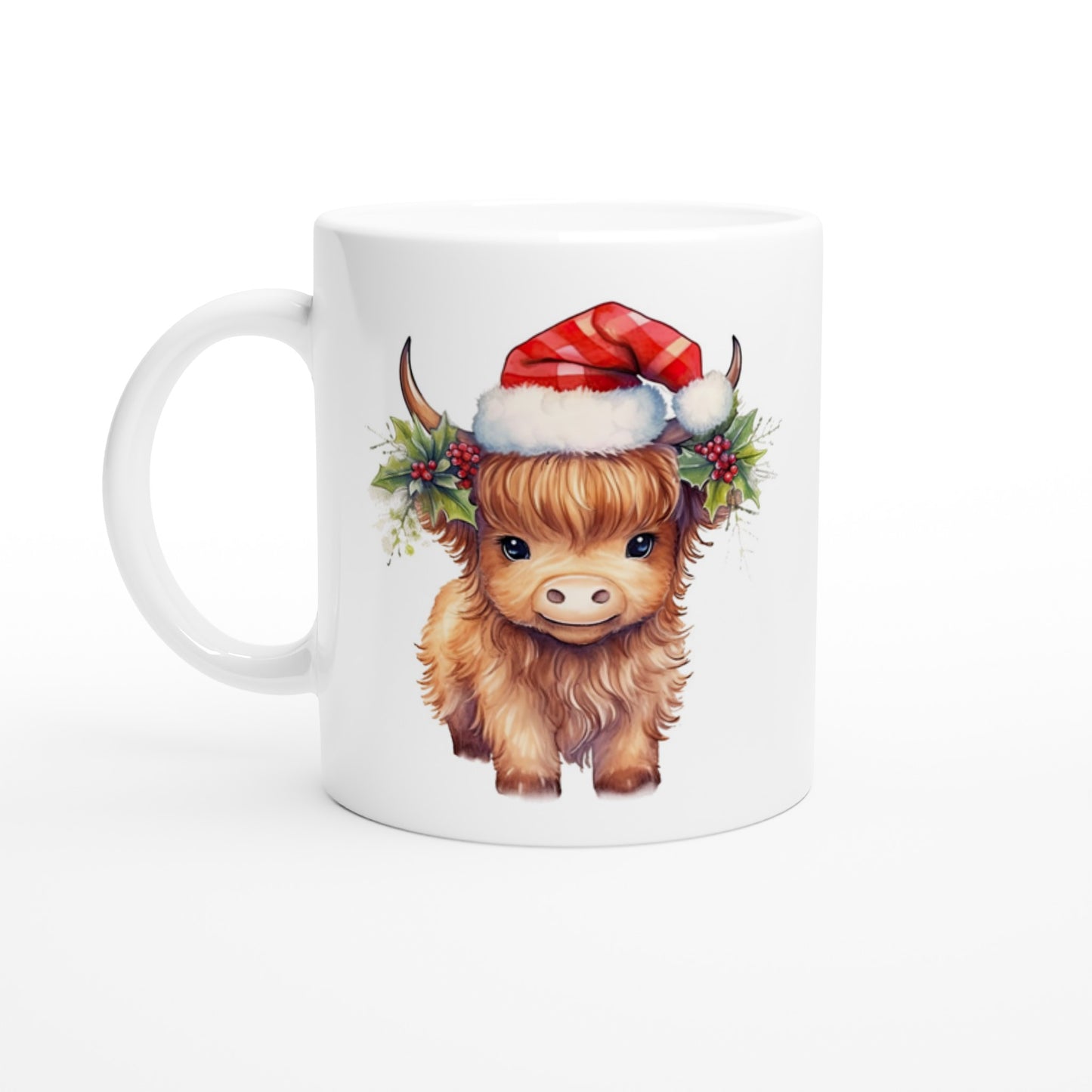 Highland Cow with Christmas Hat - White 11oz Ceramic Mug