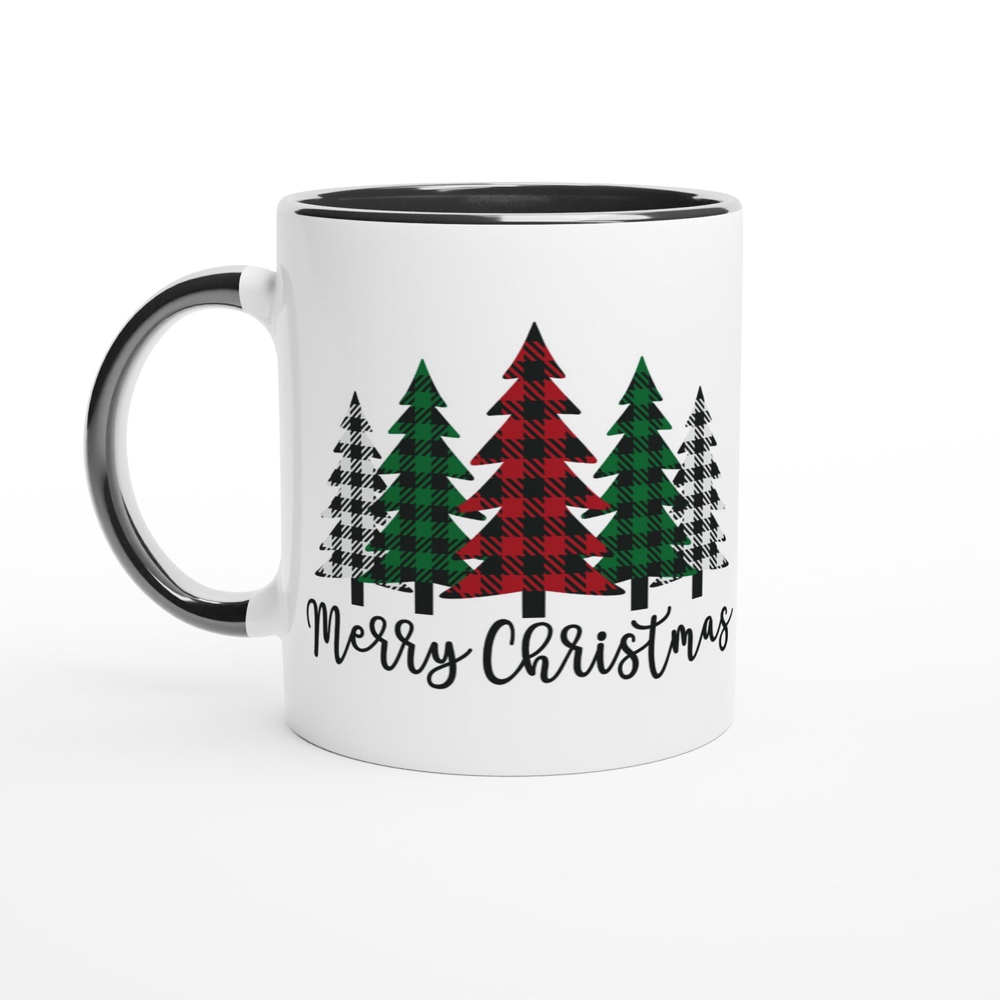 Merry Christmas (plaid trees) White 11oz Ceramic Mug with Color Inside