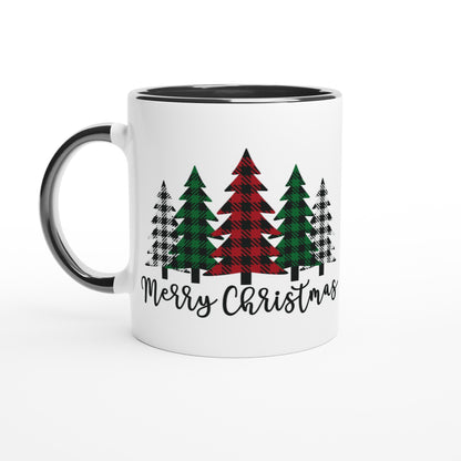 Merry Christmas (plaid trees) White 11oz Ceramic Mug with Color Inside
