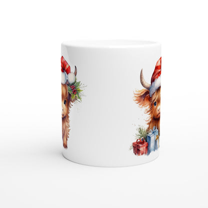 Highland Cow with Christmas Hat - White 11oz Ceramic Mug