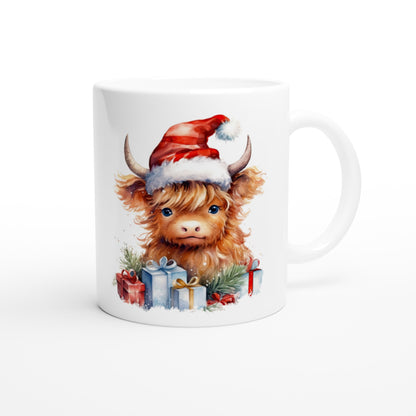 Highland Cow with Christmas Hat - White 11oz Ceramic Mug