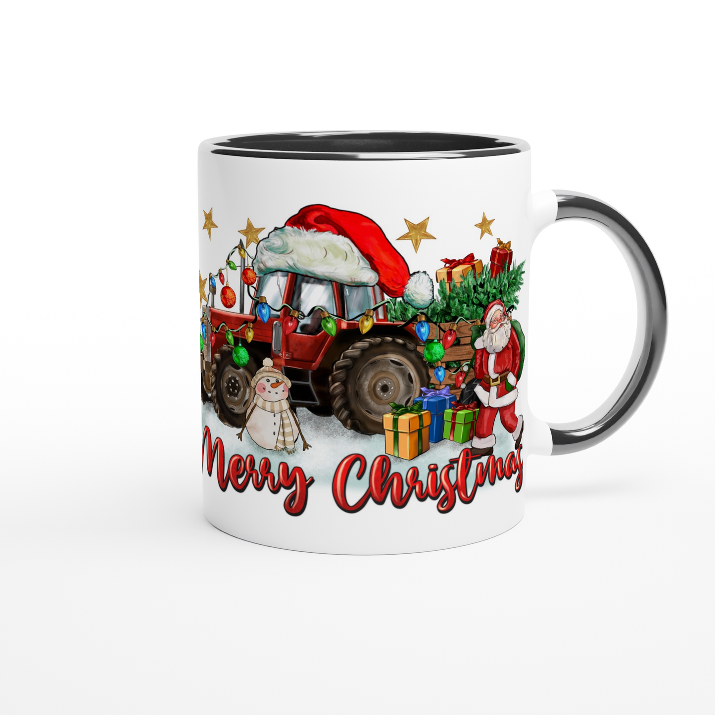 Merry Christmas - Santa with Tractor -White 11oz Ceramic Mug with Color Inside