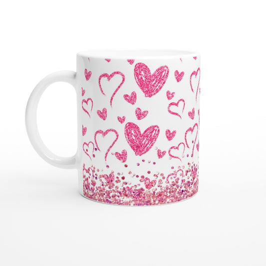 Sparkle with Pink Hearts, White 11oz