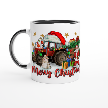 Merry Christmas - Santa with Tractor -White 11oz Ceramic Mug with Color Inside